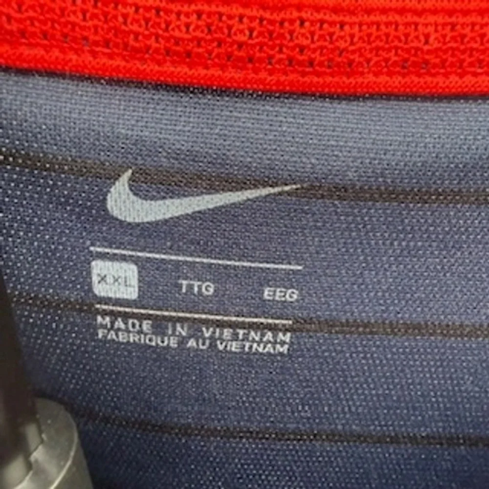 Nike Dri-FIT Mens‎ XXL Navy Blue Striped Short Sleeve Golf Polo Shirt Red Swoosh